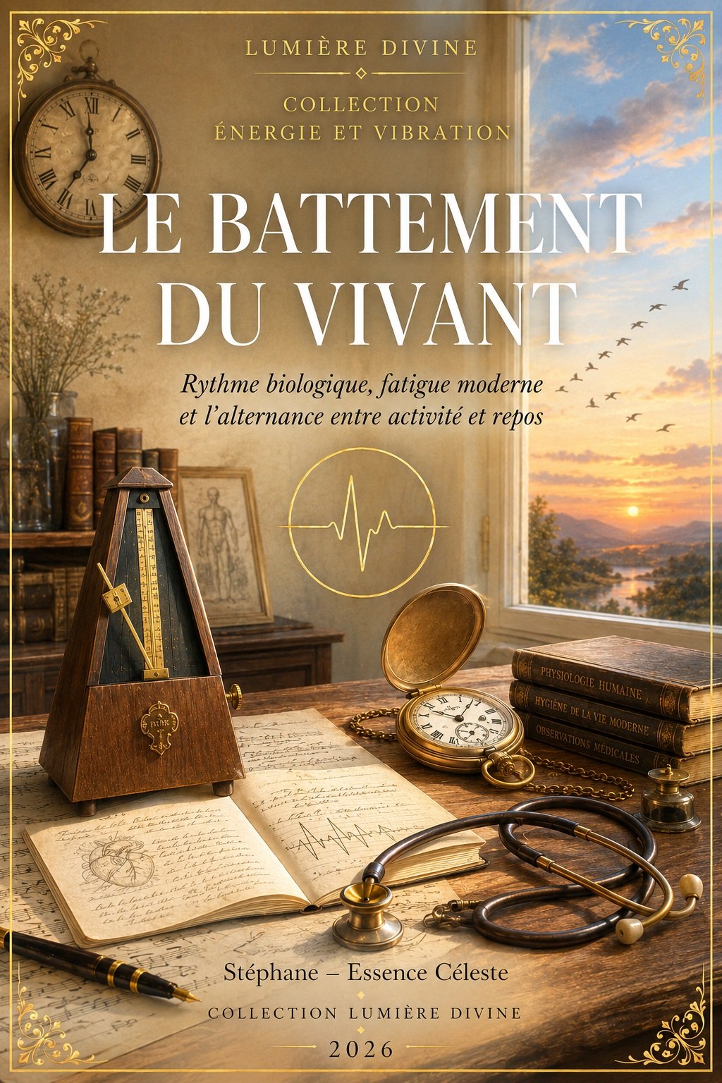 Couverture du livre Le Battement du Vivant, collection Énergie et Vibration, Lumière Divine - métronome ancien, montre à gousset et stéthoscope vintage sur un bureau au crépuscule devant une fenêtre ouverte sur un coucher de soleil
