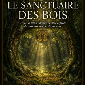 Couverture du livre numérique "Le Sanctuaire des Bois" de la collection Arbres et Nature Sacrée, Lumière Divine - clairière profonde en sous-bois dense, rayon de lumière descendant à travers la canopée pour éclairer un sentier tapissé de mousse et de fougères