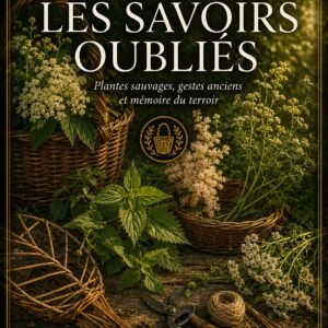 Couverture du livre numérique "Les Savoirs Oubliés" de la collection Arbres et Nature Sacrée, Lumière Divine - nature morte de plantes sauvages (ortie, reine-des-prés, fleurs de sureau) et de paniers d'osier tressé sur une table en bois patiné, lumière naturelle douce