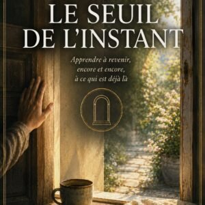 Couverture du livre Le Seuil de l'Instant, collection Méditations et Pratiques, Lumière Divine — une main posée sur une porte ouverte donnant sur un jardin fleuri, avec une tasse de café posée sur le rebord