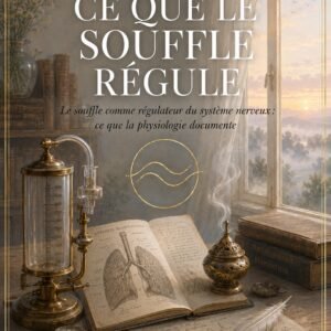 Couverture du livre Ce Que le Souffle Régule, collection Énergie et Vibration, Lumière Divine - spiromètre ancien, encensoir fumant et planche anatomique du système respiratoire sur un bureau à l'aube devant une fenêtre ouverte sur une campagne embrumée