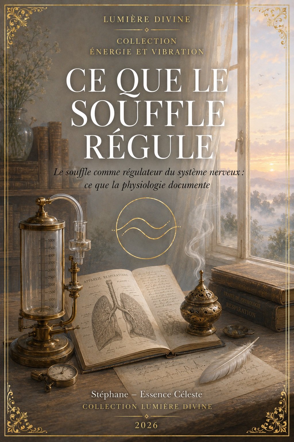 Couverture du livre Ce Que le Souffle Régule, collection Énergie et Vibration, Lumière Divine - spiromètre ancien, encensoir fumant et planche anatomique du système respiratoire sur un bureau à l'aube devant une fenêtre ouverte sur une campagne embrumée