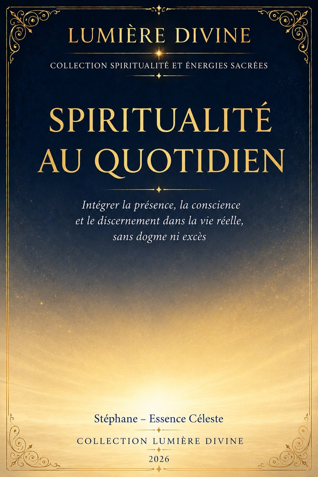 Couverture de l'ebook Spiritualité au Quotidien, collection Spiritualité et Énergies Sacrées, Lumière Divine - dégradé lumineux doré évoquant une aube douce sur fond indigo étoilé