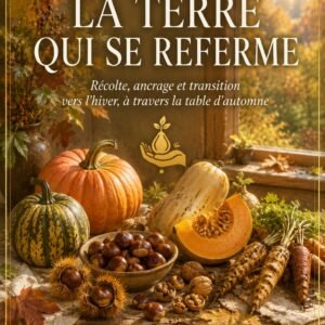 Couverture du livre numérique "La Terre qui Se Referme" de la collection Alimentation Vivante et Saisons, Lumière Divine — nature morte automnale de courges, châtaignes, noix et légumes-racines sur une table en bois, devant une fenêtre ouvrant sur un feuillage doré