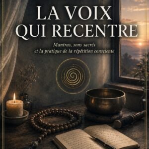 Couverture du livre La Voix qui Recentre, collection Méditations et Pratiques, Lumière Divine — mala de méditation, bol chantant tibétain et carnet manuscrit sur une table en bois devant une fenêtre ouverte sur un coucher de soleil