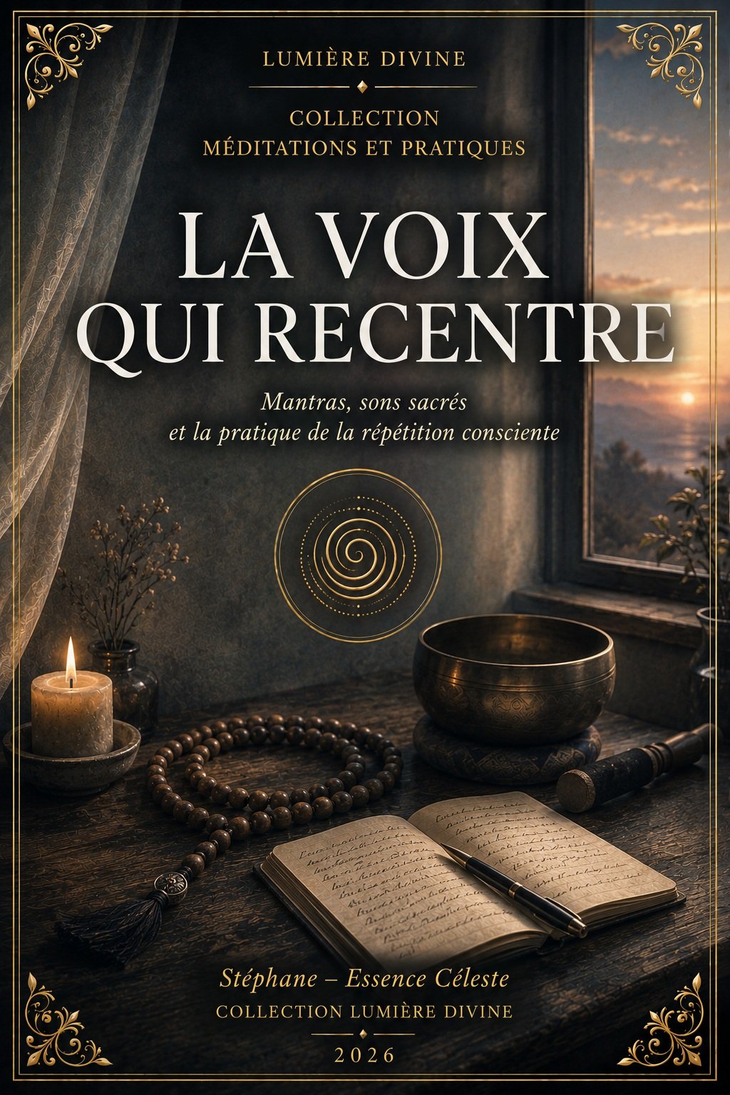 Couverture du livre La Voix qui Recentre, collection Méditations et Pratiques, Lumière Divine — mala de méditation, bol chantant tibétain et carnet manuscrit sur une table en bois devant une fenêtre ouverte sur un coucher de soleil