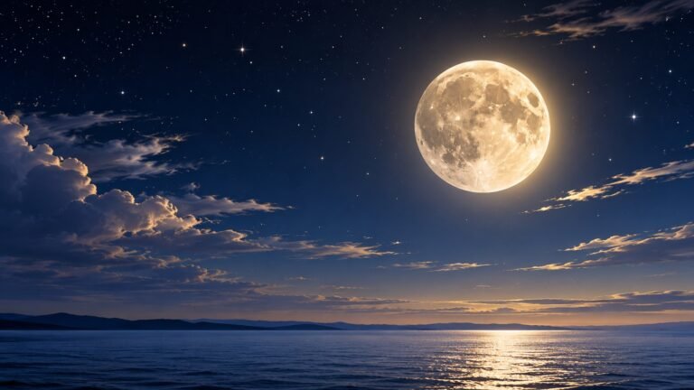 Pleine lune au-dessus d'une mer calme, ciel nocturne étoilé et nuages éclairés