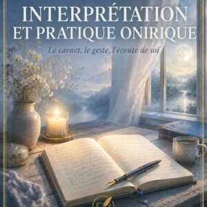 Couverture du livre numérique "Interprétation et Pratique Onirique" de la collection Rêves et Interprétations, Lumière Divine - journal de rêves ouvert avec une plume, une bougie allumée et une fenêtre donnant sur un paysage lunaire, symbolisant la pratique intime de l'écriture onirique