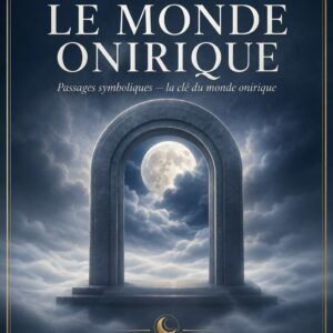 Couverture du livre numérique "Le Monde Onirique" de la collection Rêves et Interprétations, Lumière Divine - arche de pierre ouverte sur un ciel nocturne nuageux avec une pleine lune visible, symbolisant le passage vers le monde onirique