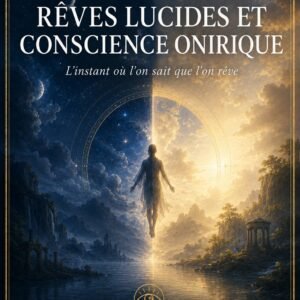 Couverture du livre numérique "Rêves Lucides et Conscience Onirique" de la collection Rêves et Interprétations, Lumière Divine - silhouette humaine suspendue entre un ciel nocturne étoilé et une lumière dorée, paysage dédoublé entre nuit et clarté, symbolisant le basculement de conscience du rêve lucide