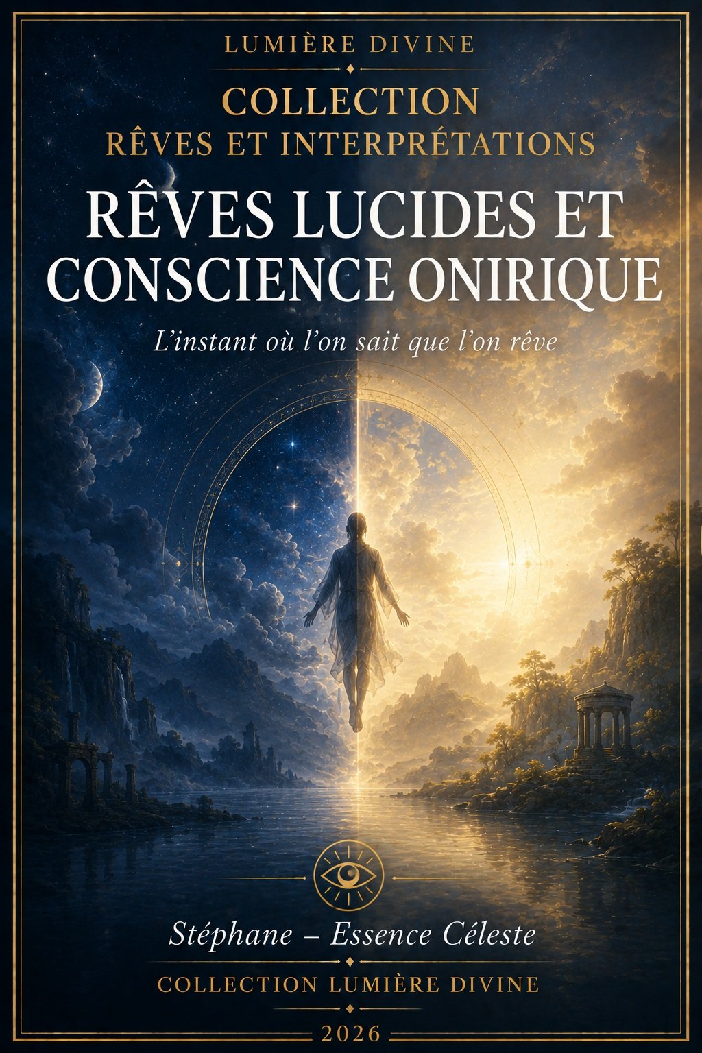 Couverture du livre numérique "Rêves Lucides et Conscience Onirique" de la collection Rêves et Interprétations, Lumière Divine - silhouette humaine suspendue entre un ciel nocturne étoilé et une lumière dorée, paysage dédoublé entre nuit et clarté, symbolisant le basculement de conscience du rêve lucide