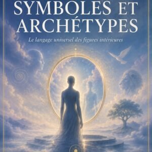 Couverture du livre numérique "Symboles et Archétypes" de la collection Rêves et Interprétations, Lumière Divine - silhouette féminine face à un miroir ovale doré révélant un reflet spectral, entourée de figures archétypales (visage profilé, lion, arbre, oiseau, motifs symboliques), symbolisant les figures universelles du langage onirique