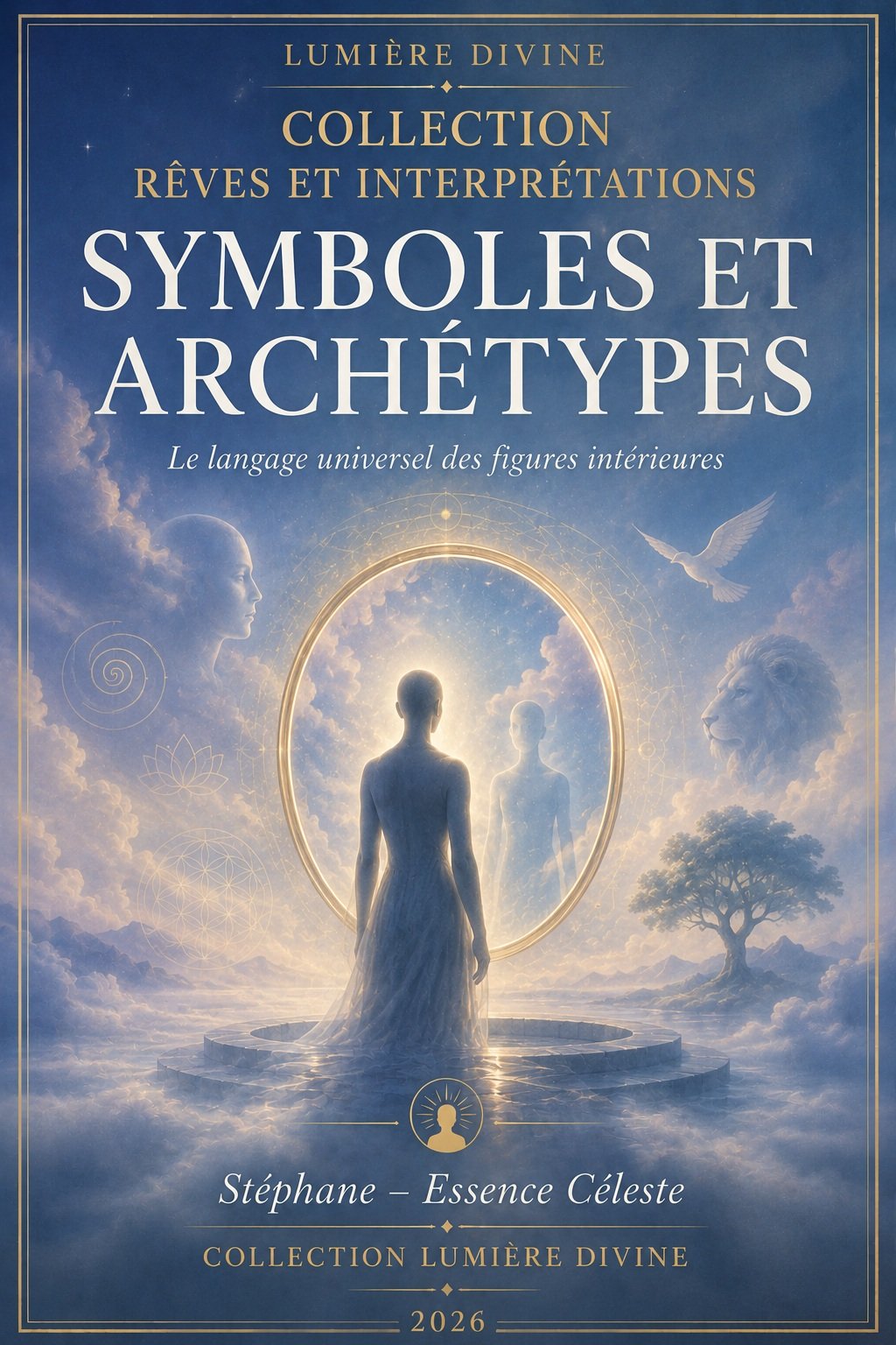 Couverture du livre numérique "Symboles et Archétypes" de la collection Rêves et Interprétations, Lumière Divine - silhouette féminine face à un miroir ovale doré révélant un reflet spectral, entourée de figures archétypales (visage profilé, lion, arbre, oiseau, motifs symboliques), symbolisant les figures universelles du langage onirique
