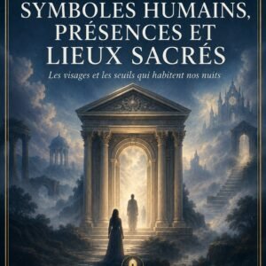 Couverture du livre numérique "Symboles Humains, Présences et Lieux sacrés" de la collection Rêves et Interprétations, Lumière Divine - temple antique lumineux avec des présences silhouettées sur son seuil, entouré d'un escalier ascendant et de ruines architecturales dans la brume, symbolisant les figures et lieux sacrés du monde onirique