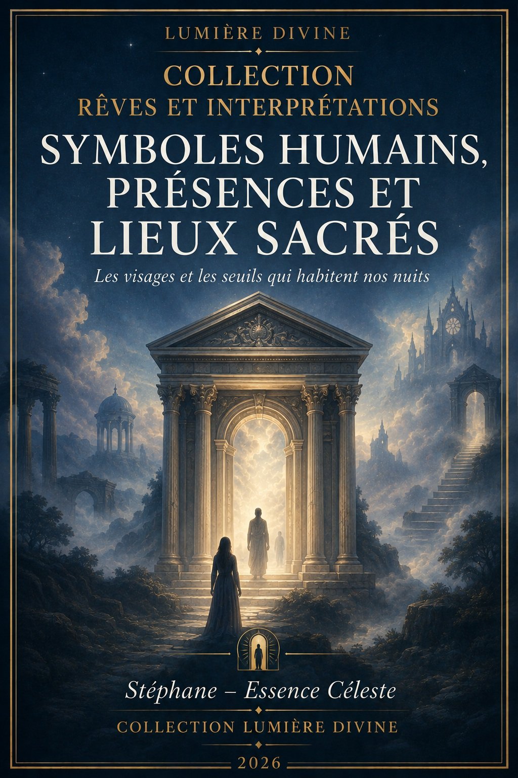 Couverture du livre numérique "Symboles Humains, Présences et Lieux sacrés" de la collection Rêves et Interprétations, Lumière Divine - temple antique lumineux avec des présences silhouettées sur son seuil, entouré d'un escalier ascendant et de ruines architecturales dans la brume, symbolisant les figures et lieux sacrés du monde onirique
