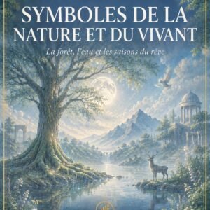 Couverture du livre numérique "Symboles de la Nature et du Vivant" de la collection Rêves et Interprétations, Lumière Divine - arbre majestueux au bord d'une rivière reflétant la pleine lune, cerf, oiseau, montagnes et temple antique dans un paysage onirique, symbolisant les figures du vivant dans le monde des rêves