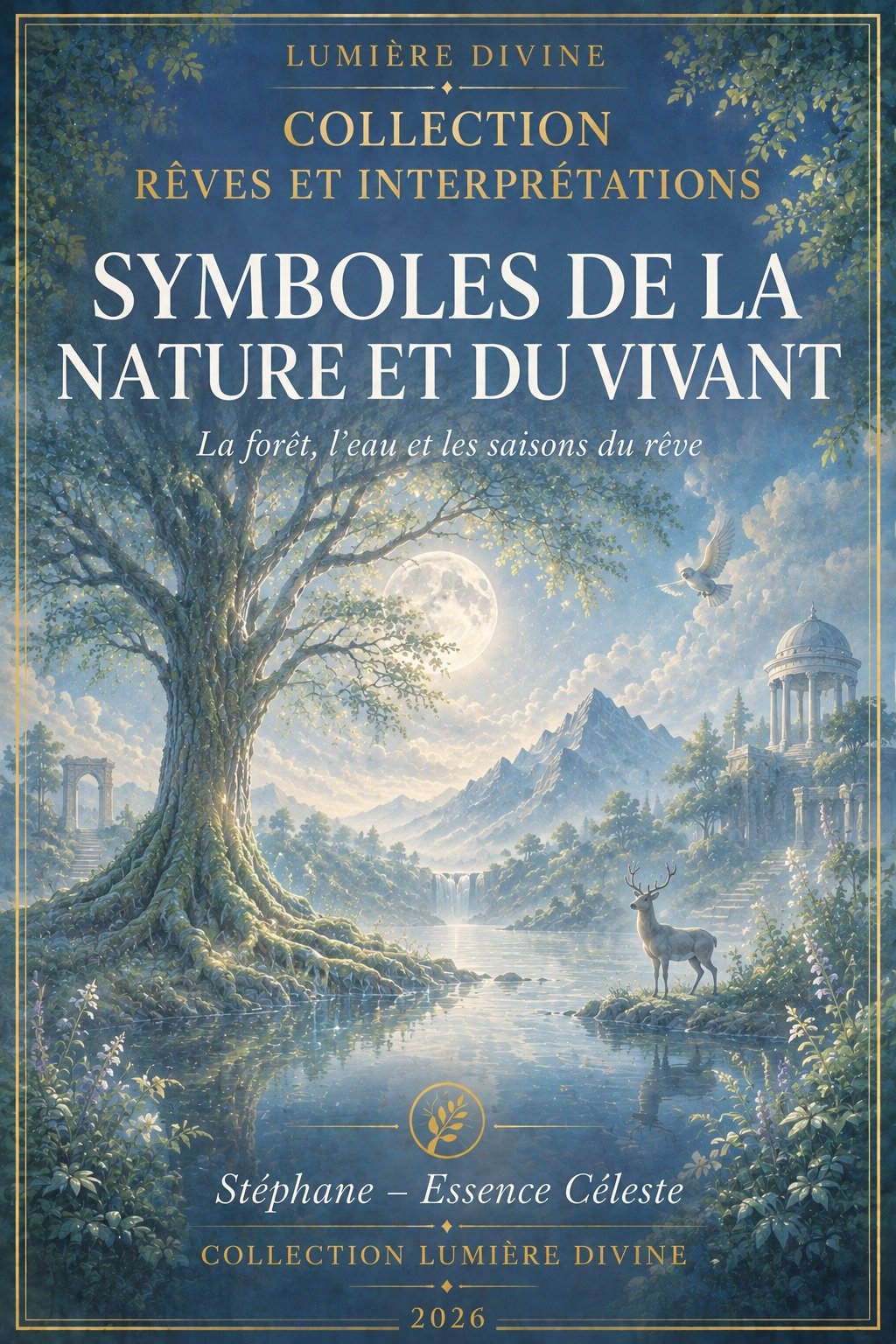 Couverture du livre numérique "Symboles de la Nature et du Vivant" de la collection Rêves et Interprétations, Lumière Divine - arbre majestueux au bord d'une rivière reflétant la pleine lune, cerf, oiseau, montagnes et temple antique dans un paysage onirique, symbolisant les figures du vivant dans le monde des rêves